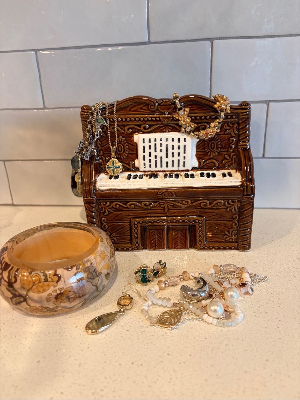 Vintage Mystery Jewelry Jar In Piano Music Box Mixed Metal Gold Silver Pearl